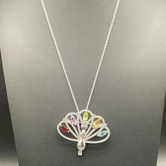 Sterling Silver Peacock Pendant Brooch with Multi-Gemstones on 17" Chain Og‎ Box - Picture 1 of 8